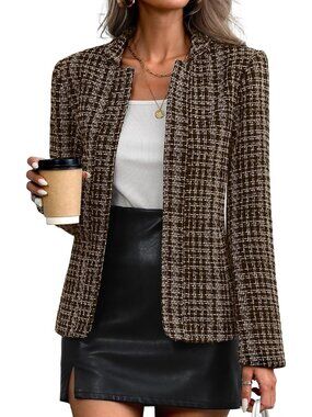 〽️Women's Brown Tweed Open Front Long Sleeve Notch Collar Casual Business Blazer